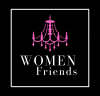 Women Friends logo, back background, white letters and a pink chandelier